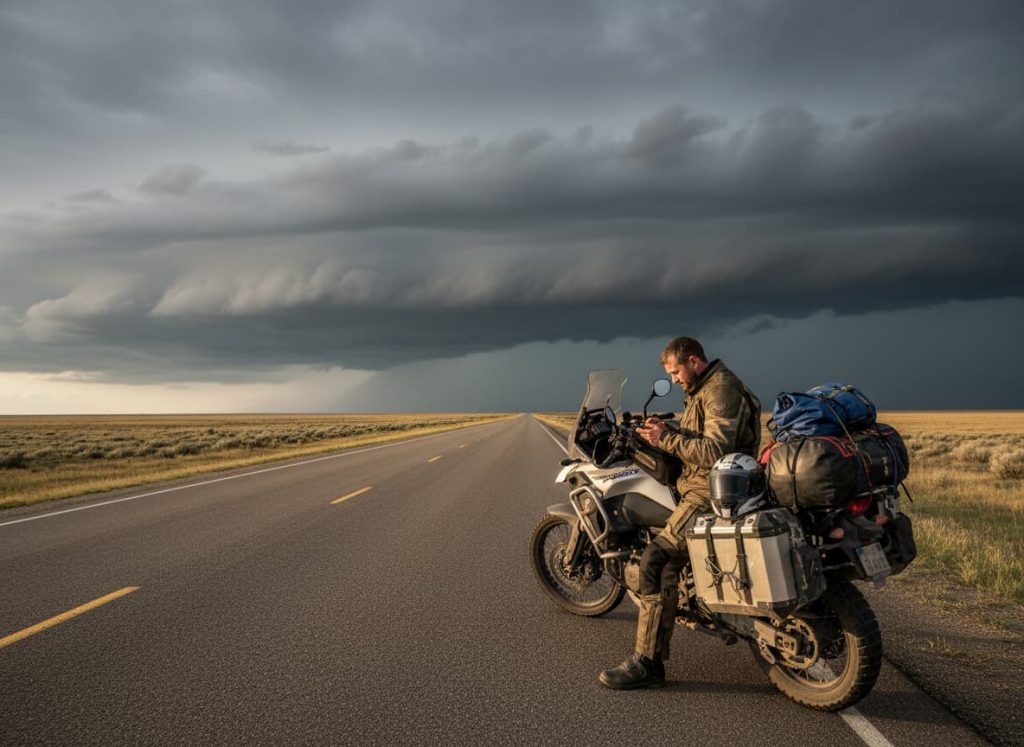 Motorcyclists calling for assistance on the side of the road with a storm approaching